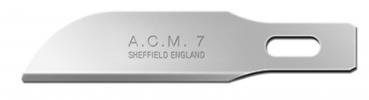 The image displays a sharp blade, slightly curved, made of shiny metal. Engraved on the blade are the inscriptions "A.C.M. 7" and "SHEFFIELD ENGLAND".