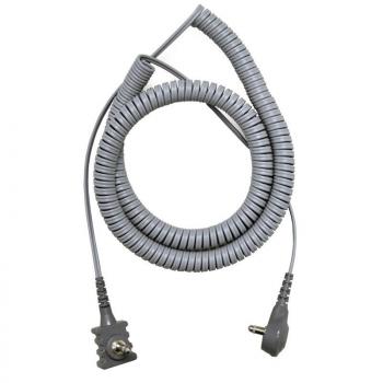The image shows a gray spiral or coiled cable. It has a flat plug at one end and a right-angled plug at the other end. The cable is approximately one meter long.