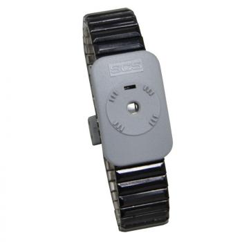 Das Bild zeigt eine Armbanduhr mit einem grauen, rechteckigen Ziffernblatt und einem schwarzen Metallarmband. Das Ziffernblatt hat einfache Markierungen und eine zentrale Zeigerachse.