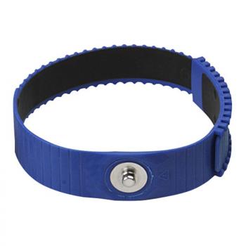 The image shows a blue, flexible silicone wristband. It has a smooth surface with non-slip grooves and a snap button on the front for fastening.