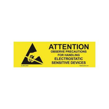 Das Bild zeigt ein gelbes Warnzeichen mit schwarzer Schrift. Es weist darauf hin, Vorsichtsmaßnahmen beim Umgang mit elektrostatisch empfindlichen Geräten zu beachten. Ein Gefahrensymbol ist abgebildet.
