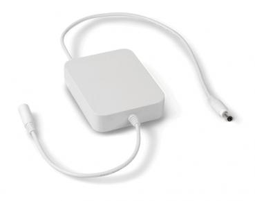 The image shows a rectangular, white accessory with rounded edges. At one end, there is a cable that transitions into a plug, while the other end remains open.