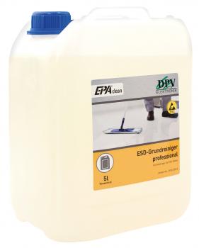 The container is a five-liter canister with a yellowish liquid. It has a blue lid and a label that contains information about a special cleaner.