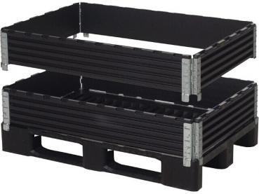 The image shows two stackable, black plastic boxes with open sides. They feature wavy surfaces and are designed in a flat, rectangular format.