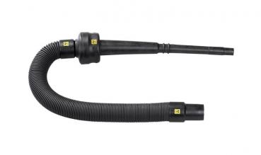 The image shows a long, flexible hose made of black material with a corrugated surface. Connection pieces are attached to both ends, one is narrow and the other is slightly wider.