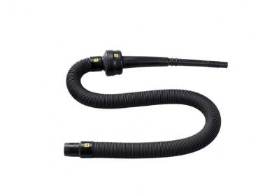 The image shows a flexible, black hose with a curved shape. It has different attachments on both ends that can be used for various applications.