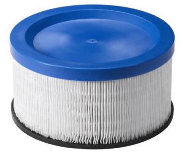 Preview: The image shows a round air filter. It has a blue top part and a white, pleated bottom part. The filter has a flat, black base and is used for air purification.