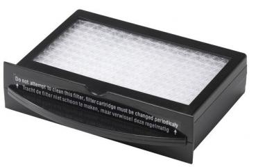 Preview: The image displays a rectangular filter with a white, textured surface, set within a black frame. On the front, there is a warning about filter maintenance.