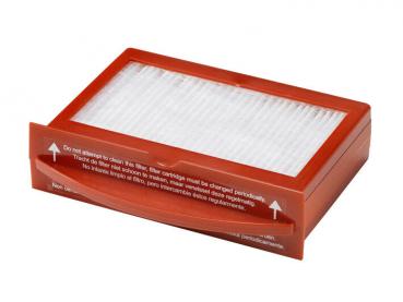 The image shows a rectangular filter with a white, folded fabric surface surrounded by an orange frame. The frame has two handles for inserting or removing.
