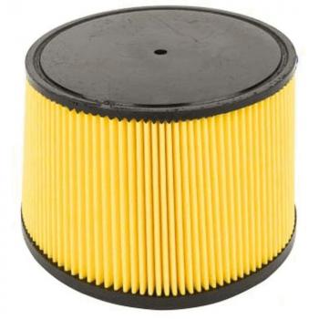 The image shows a cylindrical air filter with a black top and yellow, fin-like structures. The surface is ribbed and has a round base layer.