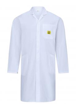 The image shows a long white coat with a collar. It has long sleeves, a chest pocket with a yellow emblem, and two side entry pockets. The fabric appears light and breathable.