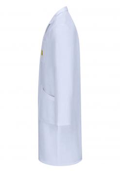 The image shows a white lab coat presented from the side. The coat has long sleeves and a chest pocket. It appears simple and professional, ideal for medical or scientific professions.