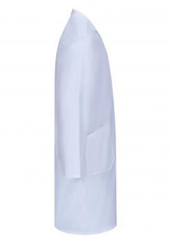 The image shows a white lab coat in a side view. The coat has long sleeves and a pocket on the left side. It appears simple and professional.