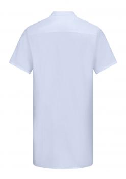 The image displays a light blue, short-sleeved shirt from the back. It features a classic collar and a straight cut. The fabric appears light and delicate.