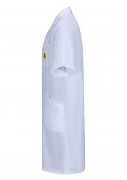 The image shows a white coat with short sleeves. It has a straight fit, a collar, and a chest pocket. There is a yellow marking on the side.