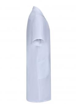 The image shows a white coat with short sleeves and a classic collar. It has a side pocket and features a simple, smooth design.