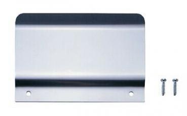 The image displays a flat, rectangular metal piece with rounded corners. It has a shiny surface and two holes for mounting. Next to it are two silver screws.