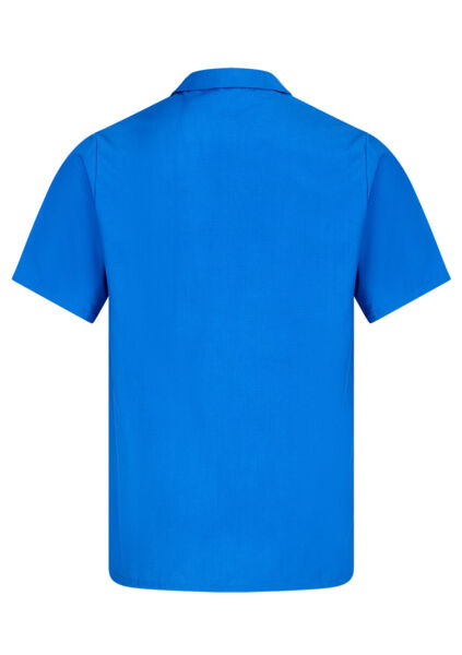 The image displays a short, solid-colored t-shirt in vivid blue. It features a classic collar and short sleeves. The fabric appears smooth and lightweight.