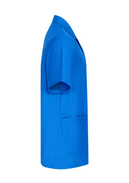 The image shows a light blue top with short sleeves. It features a classic collar and a patch pocket on the left side. The cut is simple and casual.