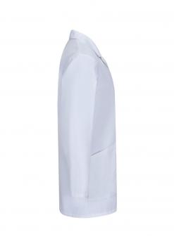 The image shows a white lab coat in side view. The coat has long sleeves, a collar, and a pocket on the front. It appears simple and professional.