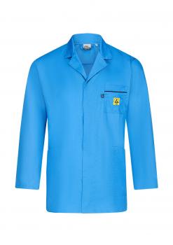 The image shows a long, blue lab coat with a collar-like neckline and long sleeves. There is a small pocket on the left breast side. The coat appears simple and professional.