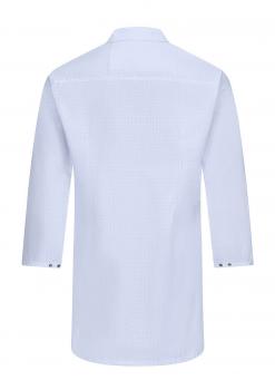 The image shows a white, long-sleeved shirt from the back. It features a classic collar and a straight cut. The sleeves end right at the wrist.