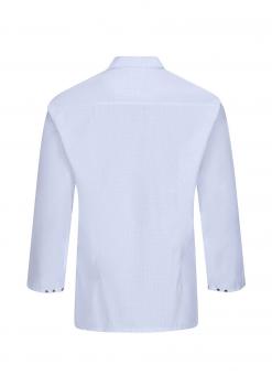 The image displays a light blue shirt with long sleeves and a classic collar. The back is plain, without any patterns or embellishments, featuring a continuous seam along the center.