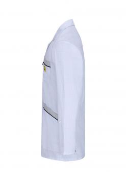 The image shows a white lab coat. It has long sleeves, a lapel collar, and a chest pocket with a small yellow detail. The coat has a simple, straight shape.