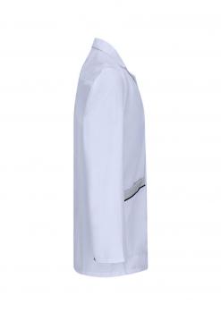 The image shows a white coat with a simple, classic design. It has long sleeves and a stand-up collar. There is a black line or seam on the front.