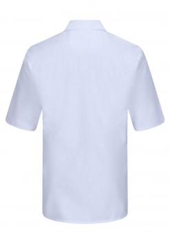 The image displays the back of a short-sleeved, light blue shirt made from a lightweight fabric. The collar is stiff and the seams are inconspicuous. It appears simple and modern.