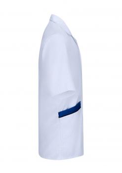 The image shows a white coat with short sleeves. It features a mandarin collar and a side pocket in blue. The coat appears formal and medical.