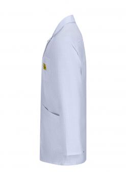 The image shows a white lab coat with long sleeves, a collar, and a chest pocket. The coat has a smooth texture and looks professional. A yellow logo is visible.