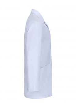 The image shows a white coat made of light, textured fabric. It has a collar, long sleeves, and a patch pocket on the left side. The coat is simple and practical.
