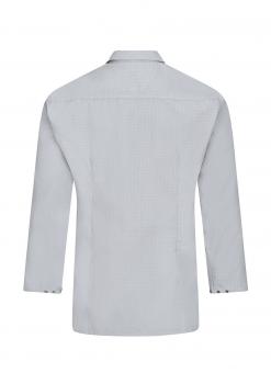 The image shows a light blue shirt with long sleeves. The back is plain, featuring a classic collar and buttons on the sleeves. It appears elegant and modern.