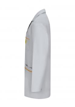 The image shows a gray lab coat displayed from the side. The coat has long sleeves and a chest pocket with a yellow patch. There is an orange line along the hem.