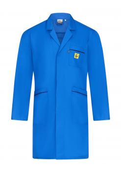 The image displays a long, blue coat with a collar and long sleeves. It features two side pockets and a small chest pocket, which bears a yellow logo.