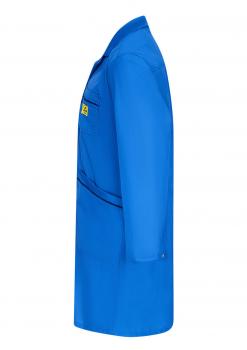 The image shows a blue coat depicted from the side. The coat has long sleeves and a chest pocket. It appears simple and professional.