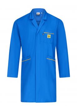The picture shows a blue coat with long sleeves. The coat features a chest pocket and two side pockets. Yellow accents can be found on the edges and the pocket.