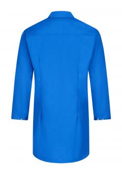 The image displays a simple, knee-length shirt in vibrant blue. It features long sleeves, a classic collar, and a straight cut. The back view is visible.