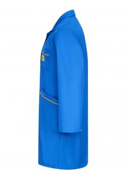 The image shows a solid blue coat with long sleeves. It has a chest pocket and a continuous pocket with yellow details. The coat features a classic, simple cut.