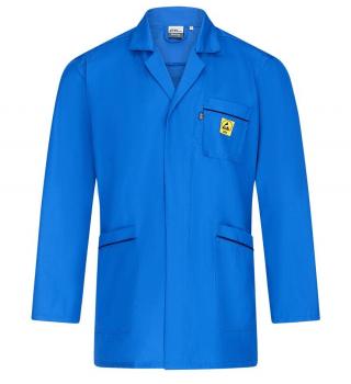The image displays a brightly blue work coat with long sleeves. It features a collar, two large front pockets, and a chest pocket with a yellow logo. The coat appears sturdy and functional.