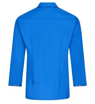 The image displays the back of a blue shirt with a classic collar. The sleeves are long and feature a button detail at the ends. The surface appears smooth and plain.