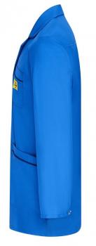 The image shows a blue, one-piece work coat. It has long sleeves and a chest pocket. The fabric appears smooth and the coat has a clear, simple shape.