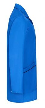 The image shows a solid blue blazer made from smooth material. It features a classic cut with a lapel collar and a chest pocket on the left side.
