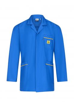 The image shows a blue coat with long sleeves. It features a collar, two side pockets, and a chest pocket. Yellow details stand out against the blue fabric.