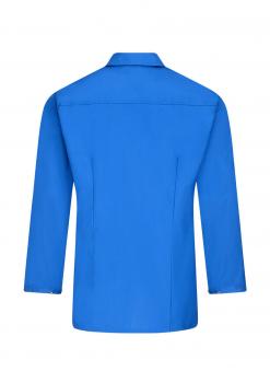 The image shows a blue-colored jacket from the back. It has a collar, long sleeves, and a simple, straight shape with no additional details. The background is solid-colored.