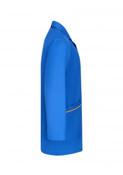 The image shows a blue blazer in side view. It has a classic cut, a collar, and a placket with a golden accent on the pocket edge.