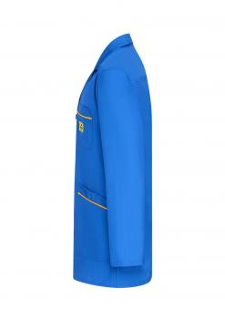 The image shows a side view of a blue lab coat. It has a simple cut, with a chest pocket and two patch pockets at the bottom. Yellow details are on the seams.