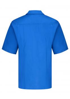 The picture shows a simple, short-sleeved shirt in bold blue. It features a classic collar and is smooth at the back without any print or embellishment.