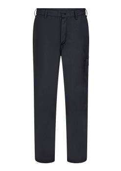 Das Bild zeigt schwarze, schlichte Stoffhosen mit geradem Schnitt. Sie haben einen elastischen Bund und seitliche Taschen, bieten einen praktischen, komfortablen Look.
